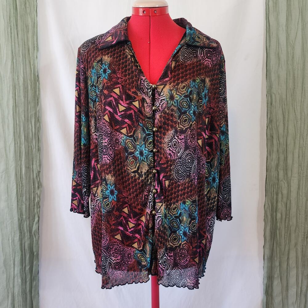 R Q T Black Silky Soft Stretch Button Up Long Sleeve Blouse Size 2XL - Picture 1 of 5